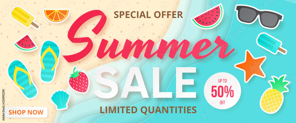 Summer sale vector banner. Paper cut. Can used for banners,Wallpaper,flyers, invitation, posters, brochure, voucher discount. Vector illustration