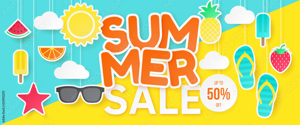 Summer sale vector banner. Paper cut. Can used for banners,Wallpaper,flyers, invitation, posters, brochure, voucher discount. Vector illustration Summer sale vector banner. Paper cut. Can used for banners,Wallpaper,flyers, invitation, posters, brochure, voucher discount. Vector illustration