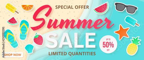 Summer sale vector banner. Paper cut. Can used for banners,Wallpaper,flyers, invitation, posters, brochure, voucher discount. Vector illustration