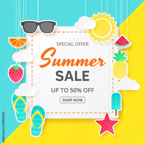 Summer sale vector background. Paper cut. Can used for banners,Wallpaper,flyers, invitation, posters, brochure, voucher discount. Vector illustration