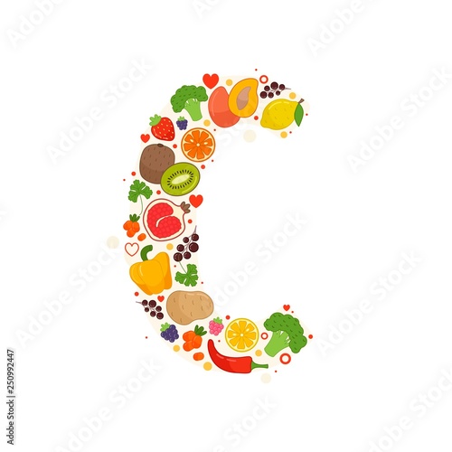 Vector poster products with vitamin C. Cartoon illustrations of products.