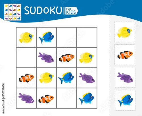 Sudoku game for children with pictures. Kids activity sheet.  Cartoon fish.