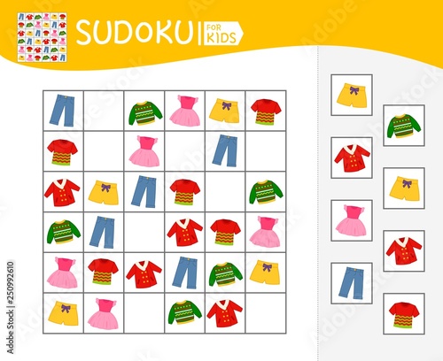 Sudoku game for children with pictures. Kids activity sheet.  Cartoon clothes.
