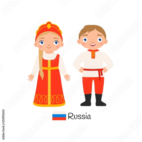 Vector illustration. Boy and girl in traditional Russian costumes