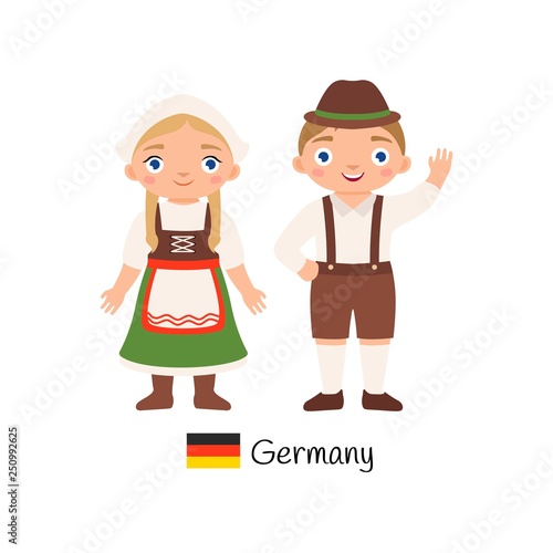 Vector illustration. Boy and girl in traditional German costumes.