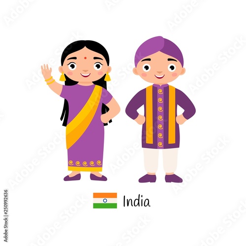 Vector illustration. Boy and girl in traditional Indian costumes.