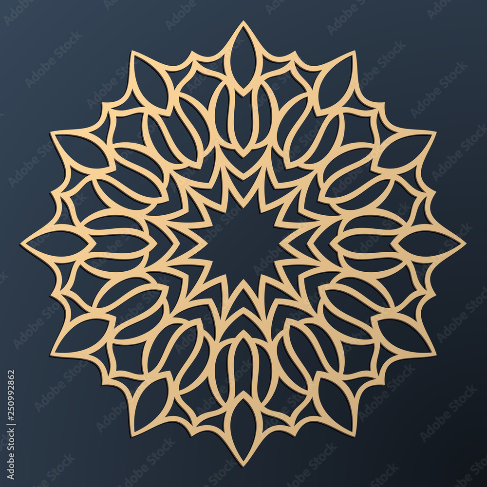 Laser cutting mandala. Golden floral pattern. Oriental silhouette ornament. Vector coaster design. Laser cutting mandala. Golden floral pattern. Oriental silhouette ornament. Vector coaster design.