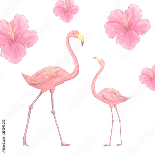 Pink watercolor flamingo character digital clip art cute two birds tropical summer set illusration Pink flowers on white background © Anna Terleeva