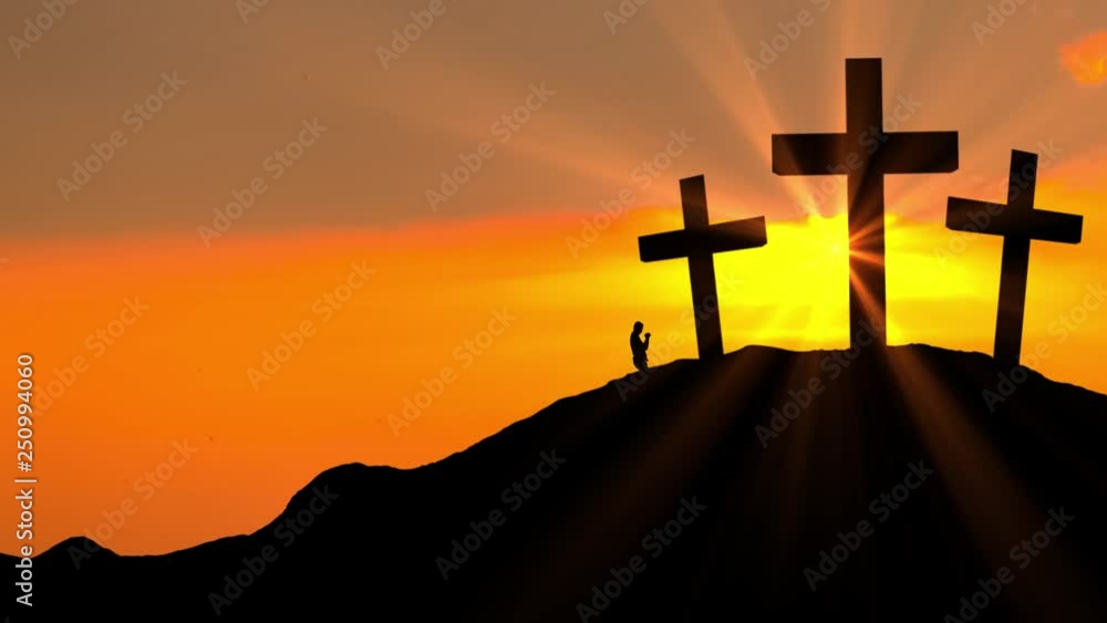 Silhouette of christian person and three crosses on the hill at dusk time. Shot in 4k resolution Silhouette of christian person and three crosses on the hill at dusk time. Shot in 4k resolution