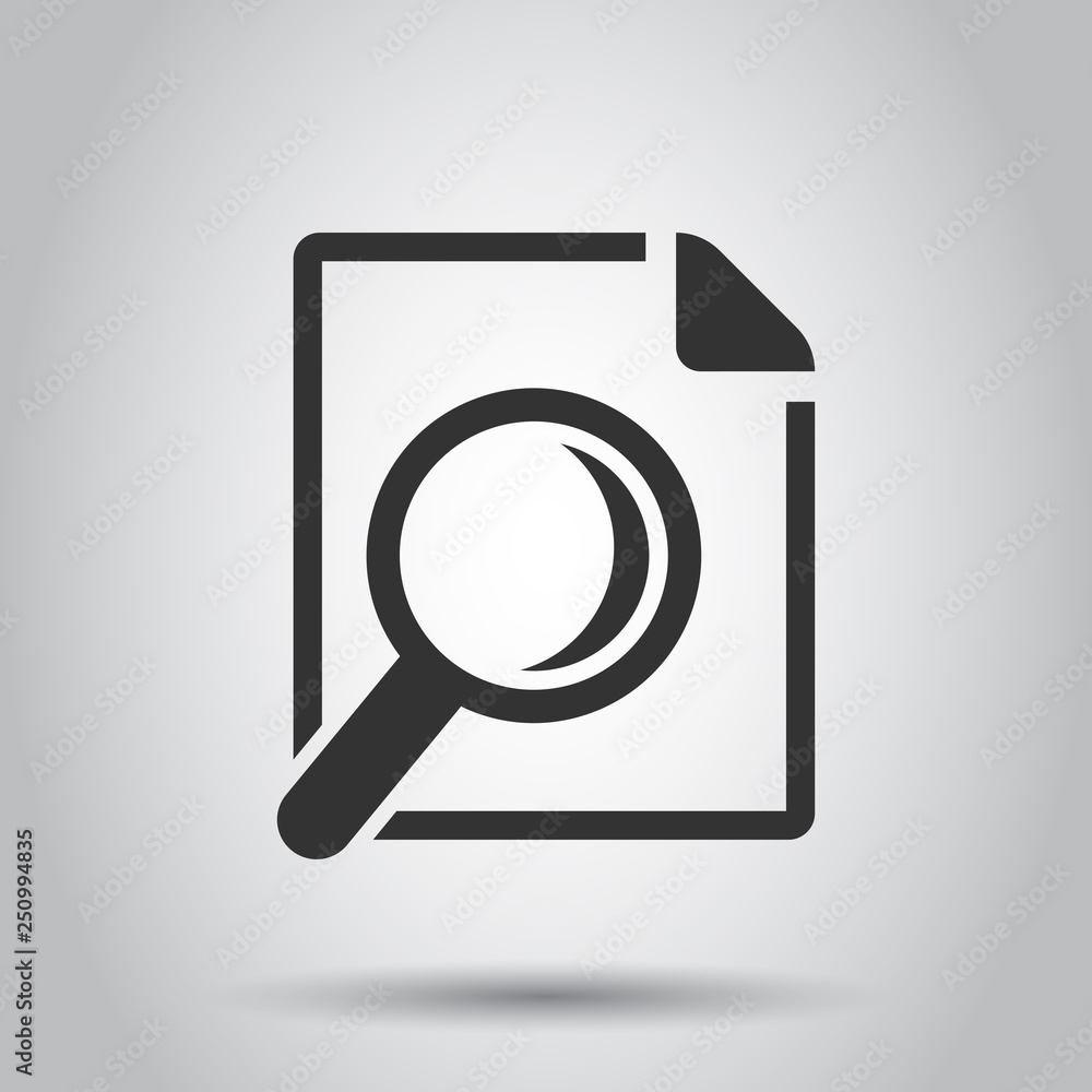 Scrutiny document plan icon in flat style. Review statement vector illustration on white background. Document with magnifier loupe business concept. Scrutiny document plan icon in flat style. Review statement vector illustration on white background. Document with magnifier loupe business concept.