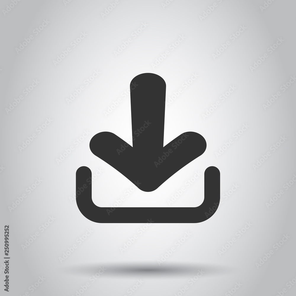 Download file icon in flat style. Arrow down downloading vector illustration on white background. Download business concept. Download file icon in flat style. Arrow down downloading vector illustration on white background. Download business concept.