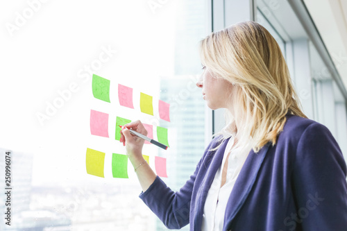 Business woman writing on blank colorful sticky notes on the window at office
