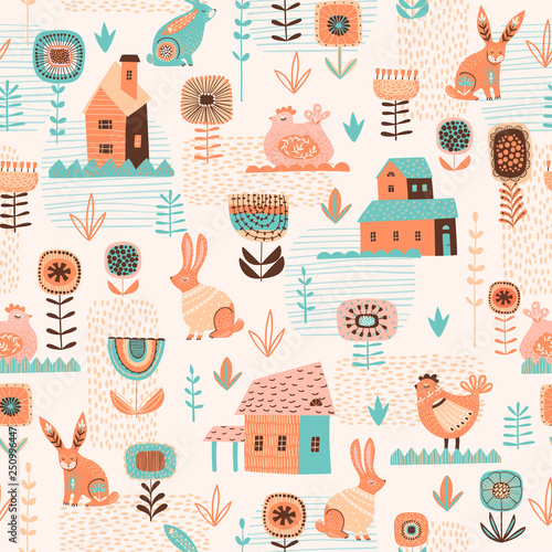 Vector seamless pattern with easter symbols and folk flowers. For Easter and other users.