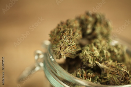 medical cannabis marijuana in a glass jar