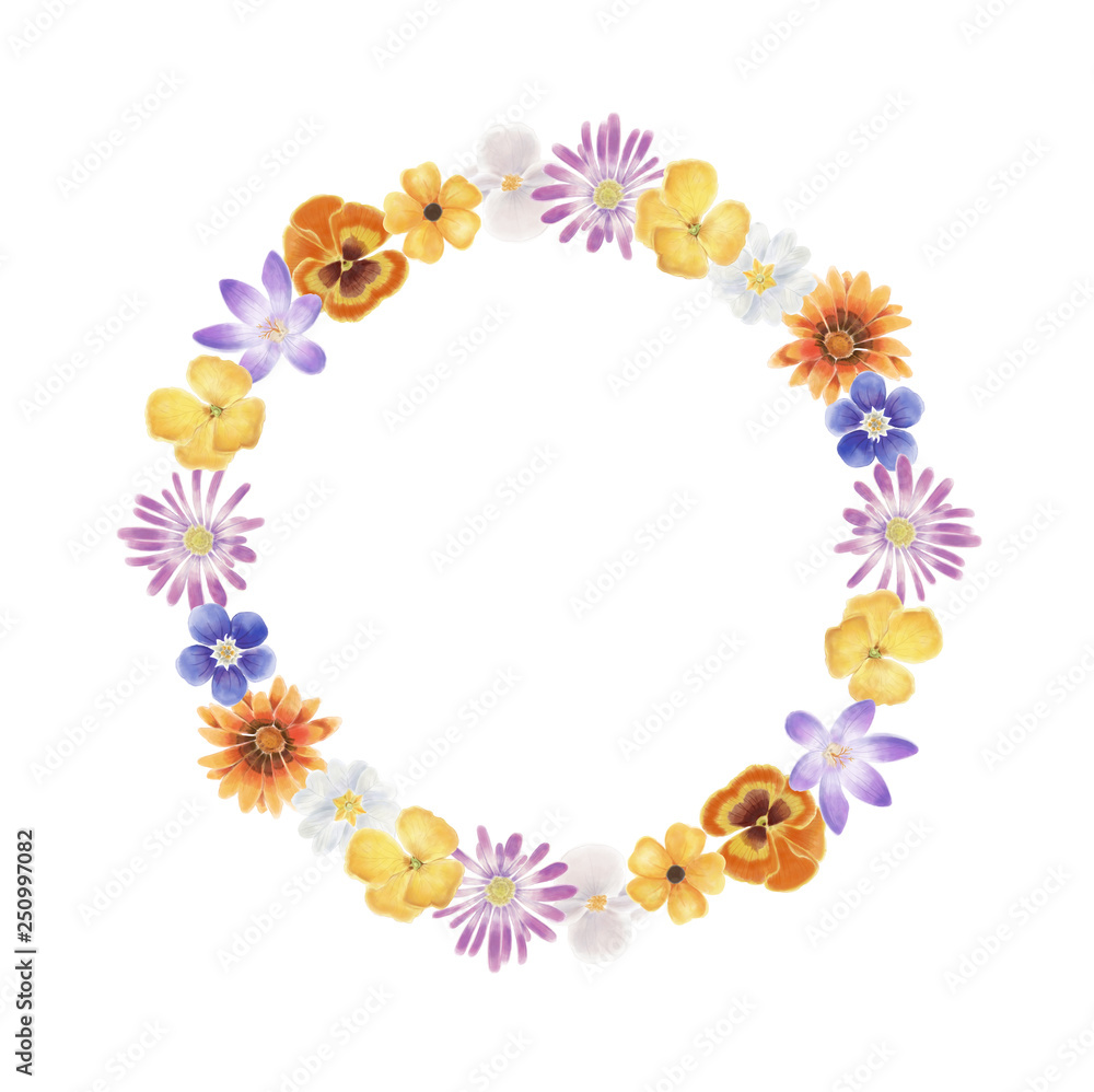 Watercolor spring flowers wreath on a blank background
