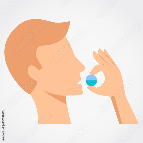 Man taking a pill simple flat design vector illustration isolated on grey background.