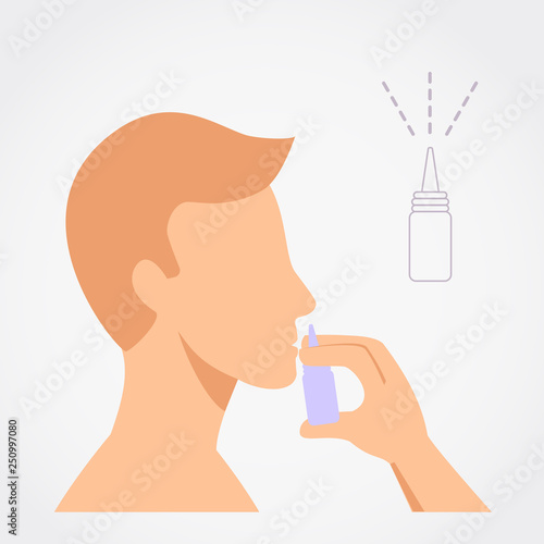 Man using nasal spray simple flat vector illustration on grey background.