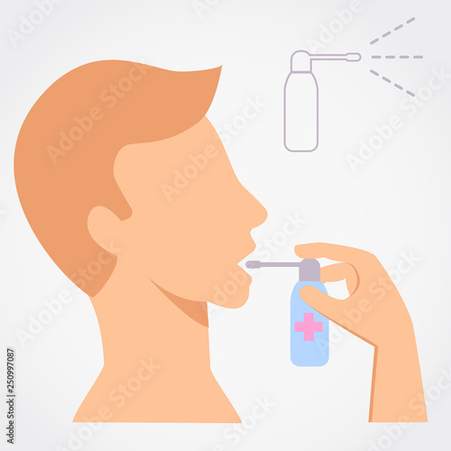 Man using throat spray simple flat vector illustration on grey background.