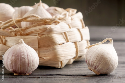 Garlic on wooden table