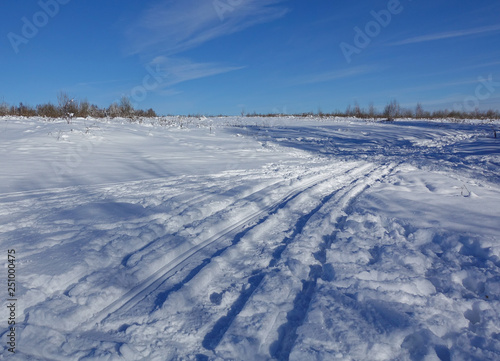 Winter landscape. Snow-covered field. Car track in the snow Blue sky without clouds.