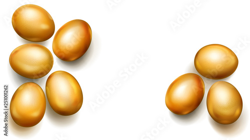 Realistic golden Easter eggs with shadows on white background