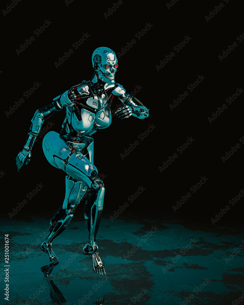 cyber female in a dark and wet background