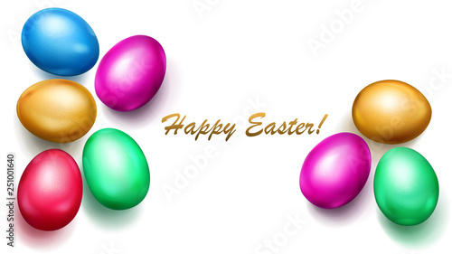 Realistic colored Easter eggs with shadows on white background