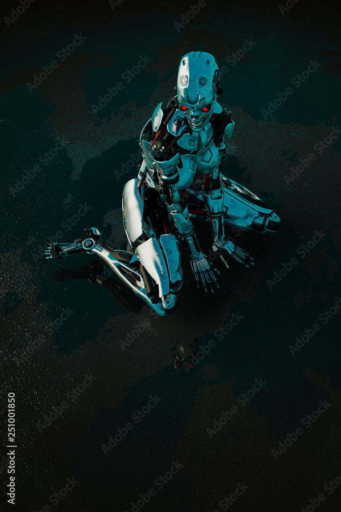 Fototapeta premium cyber female in a dark and wet background