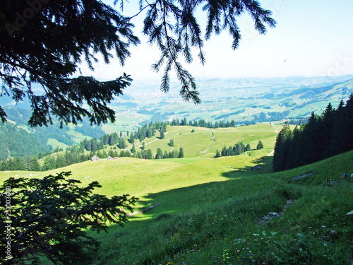 View of the village of Schwende and Brülisau from the alpine peaks Hoher Kasten and Kamor Trestenkopf - Canton of Appenzell Innerrhoden, Switzerland photo