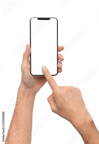 Male hand using blank touchscreen of smartphone