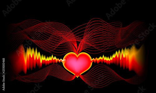 Electrocardiography grid for recording and studying the electric fields generated by the heart. Stylized wavelike impulses and waves on black background. Print for medical poster. Vector image.