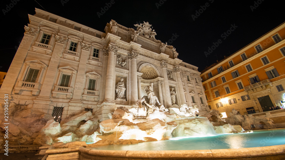 Trevi Fountain in Rome, Italy by Night Timelapse Image Water Flowing from Bottom View