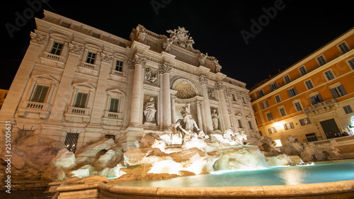 Trevi Fountain in Rome, Italy by Night Timelapse Image Water Flowing from Bottom View