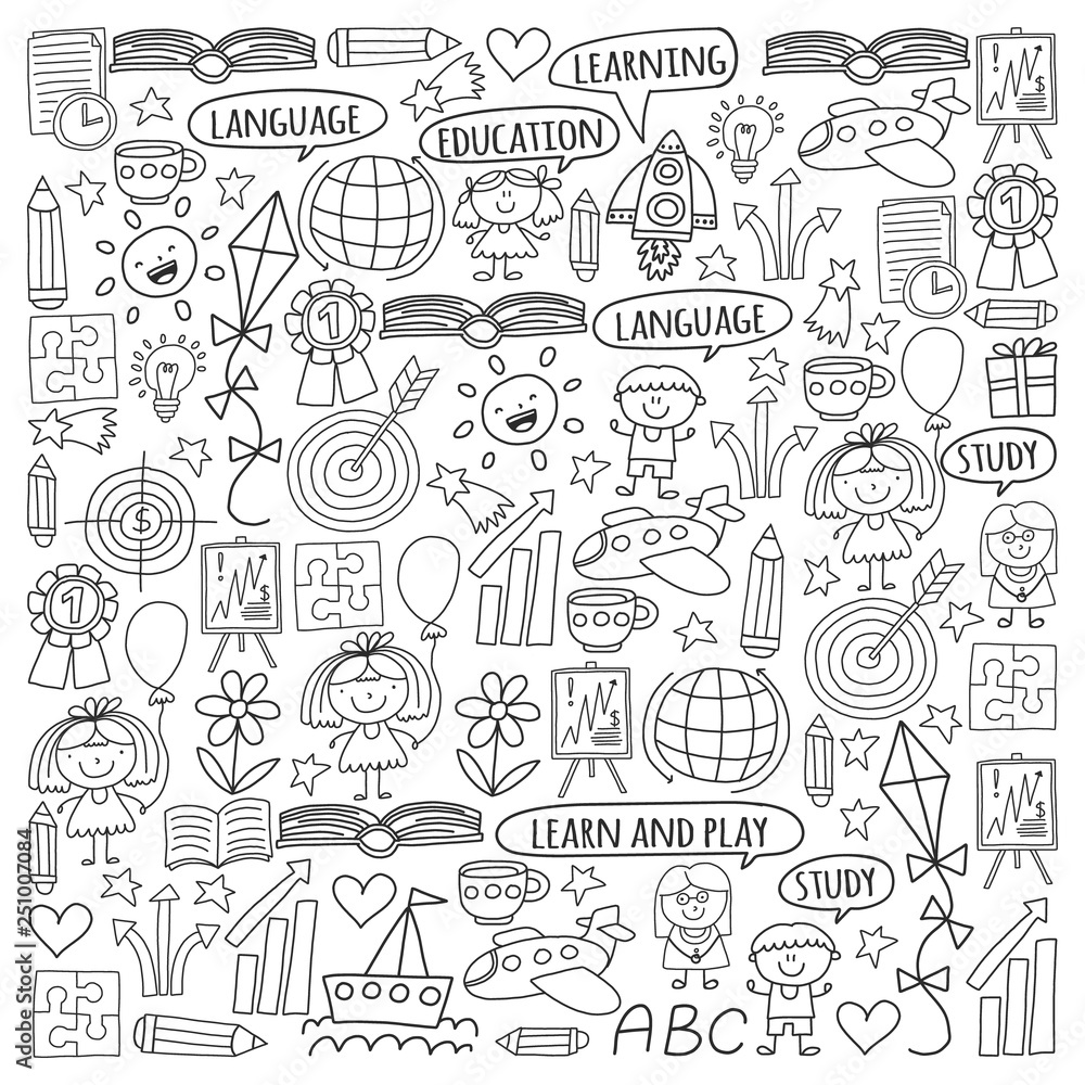 Vector set of learning English language, children's drawingicons icons in doodle style. Painted, black monochrome, pictures on a piece of paper on white background.
