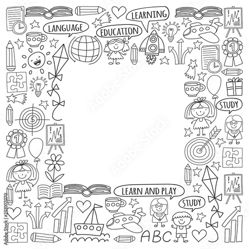 Vector set of learning English language, children's drawingicons icons in doodle style. Painted, black monochrome, pictures on a piece of paper on white background.