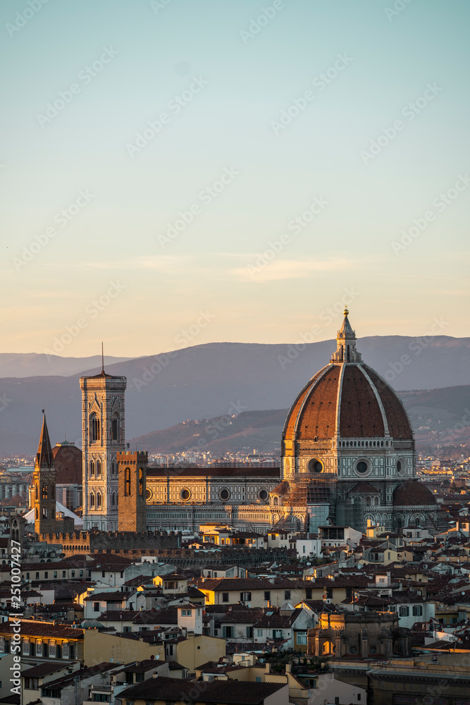 Duomo Santa Maria Del Fiore and Bargello in the afternoon from Piazzale Michelangelo in Florence, Tuscany, Italy