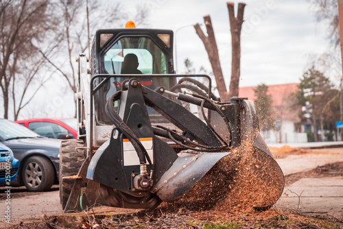 working mobile machine for cutting wood tree stump, tree stump removal