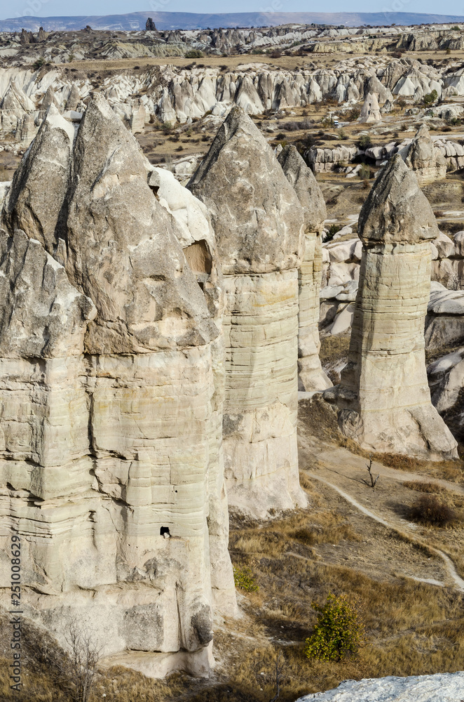 The volcanic landscape of valley with natural rock formations known as fairy chimneys, located near Goreme town, Cappadocia region of Turkey