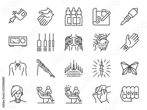Tattoo line icon set. Included icons as skin, body, artist, style, art and more.