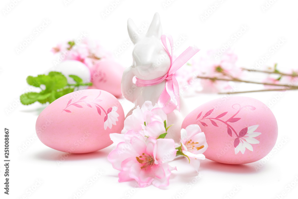 Wielkanoc jajka kwiaty i królik na białym tle - obrazy, fototapety, plakaty 