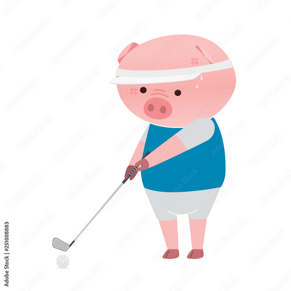 Vector pig cartoon character playing golf isolated on white background. Cartoon emotions Vector pig cartoon character playing golf isolated on white background. Cartoon emotions