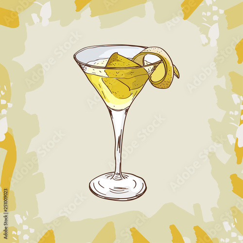 Vesper cocktail illustration. Alcoholic classic bar drink hand drawn vector. Pop art