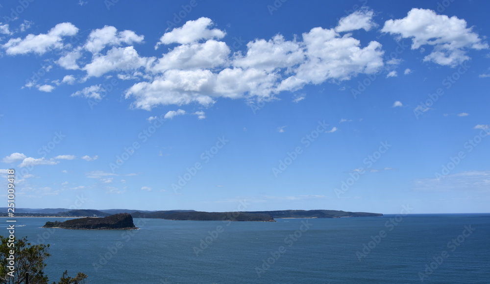 View of Lion Island, Broken Bay and Central Coast in the background from West Head (Ku-ring-gai Chase National Park, NSW, Australia)