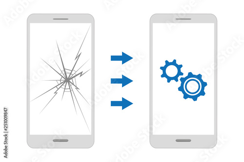 mobile phone repair service with gears broken and repaired display vector illustration EPS10
