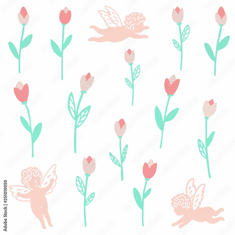 Naklejka premium Angels fly in the sky in the rain with tulips