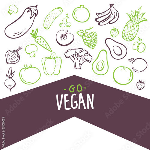 go vegan - motivational poster or banner with hand-lettering phrase with trendy icons and signs of fruits and vegetables - vector illustration