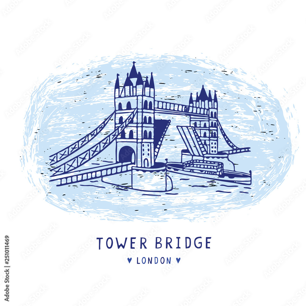 Sketchy London Tower Bridge illustration card. Famous historical