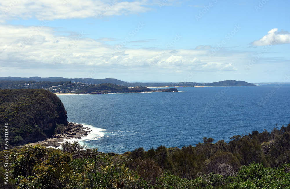 Aerial view of Avoca Beach, Terrigal and Tasman sea. View from Captain Cook lookout (Central Coast, NSW, Australia)