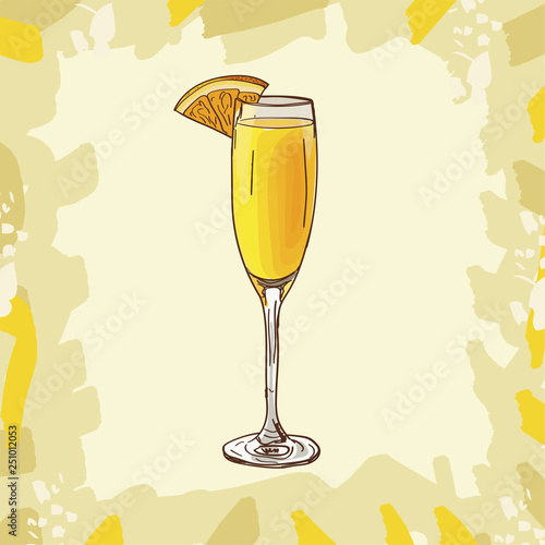 Mimosa cocktail illustration. Alcoholic classic bar drink hand drawn vector. Pop art