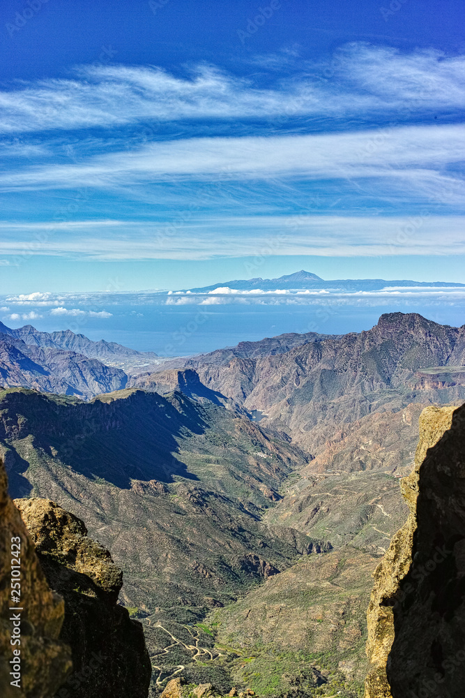 Gran Canaria island mountains landscape, view from peak Roque Nublo to Mount Teide on Tenerife